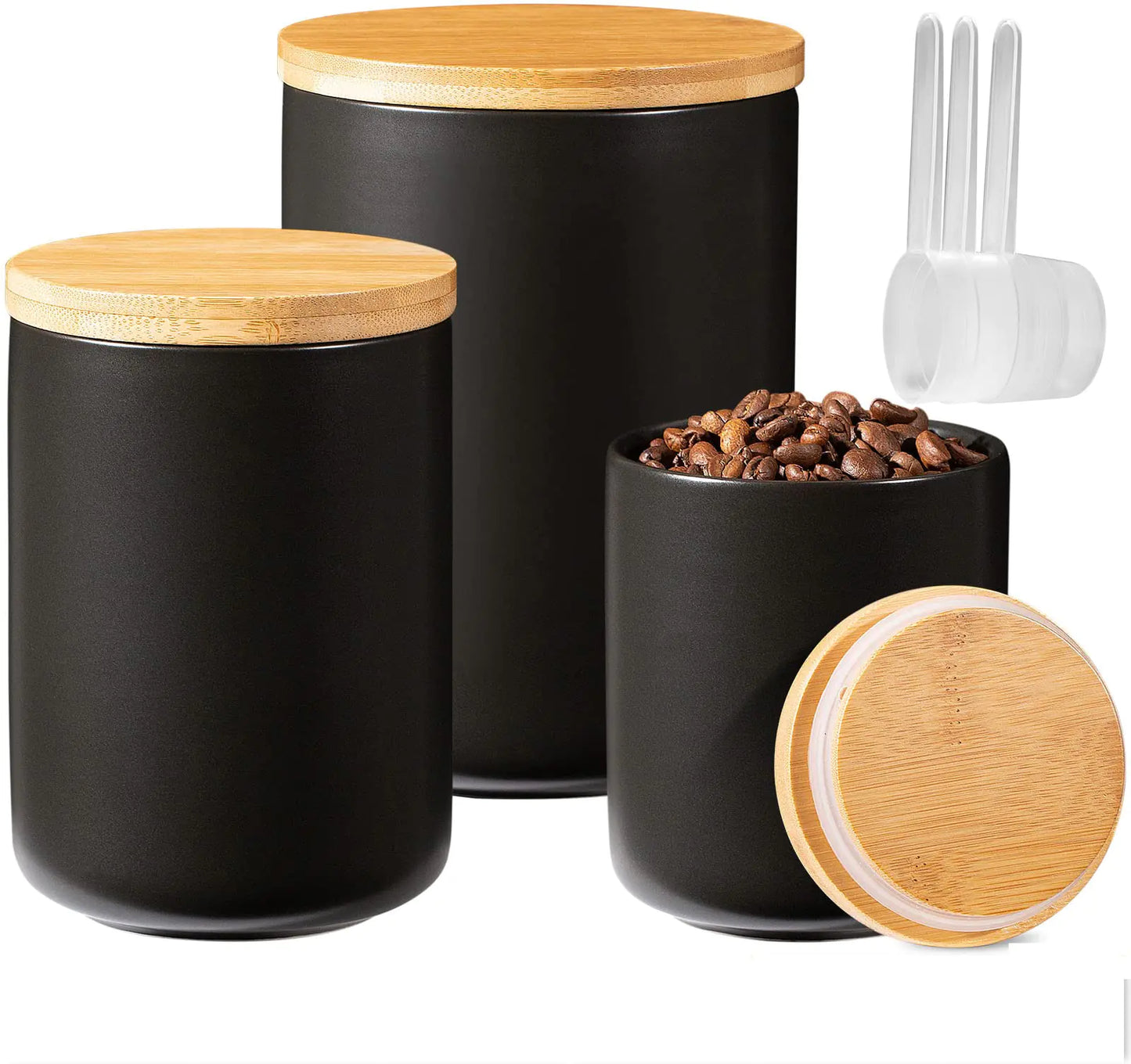 Dluxe Ave. Set of 3 Kitchen Canisters for Countertop with Airtight Wood Lids Ceramic (Black)