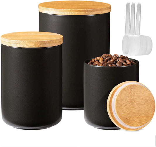 Dluxe Ave. Set of 3 Kitchen Canisters for Countertop with Airtight Wood Lids Ceramic (Black)