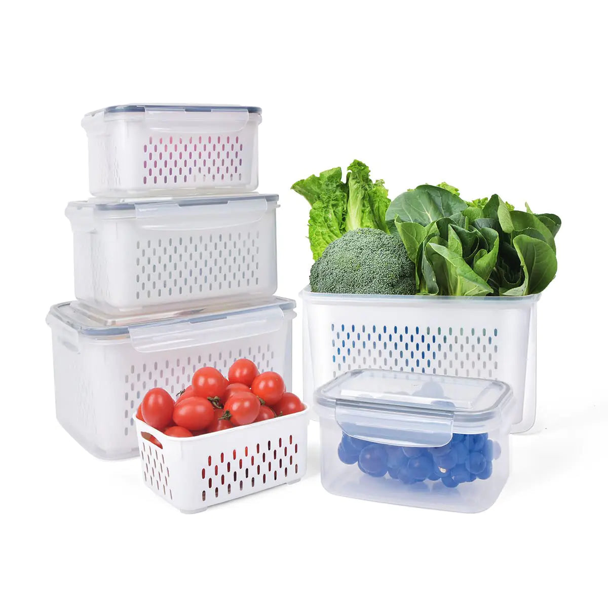 Dluxe Ave. 5 PCS Large Produce Saver Containers for Refrigerator Organizer/ BPA free Plastic with Lid & Colander