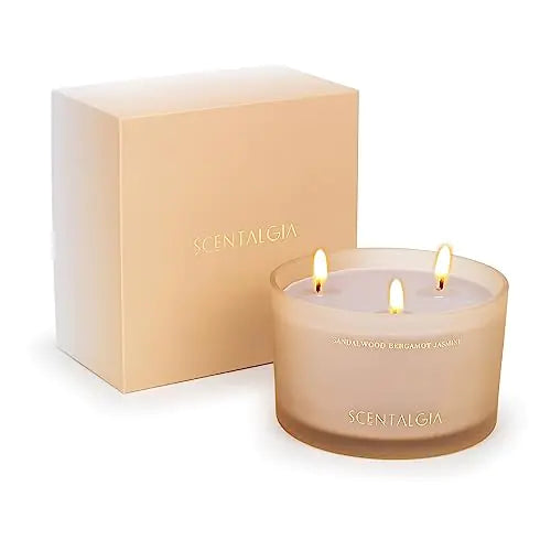Dluxe Ave. Luxury Scented Candles | Sandalwood Bergamot Jasmine Fragrance | Large 20 Oz 3 Wick Candle Jar | Long Lasting 55 Hours Burn Time Non-Toxic 100% Natural Soy Wax
