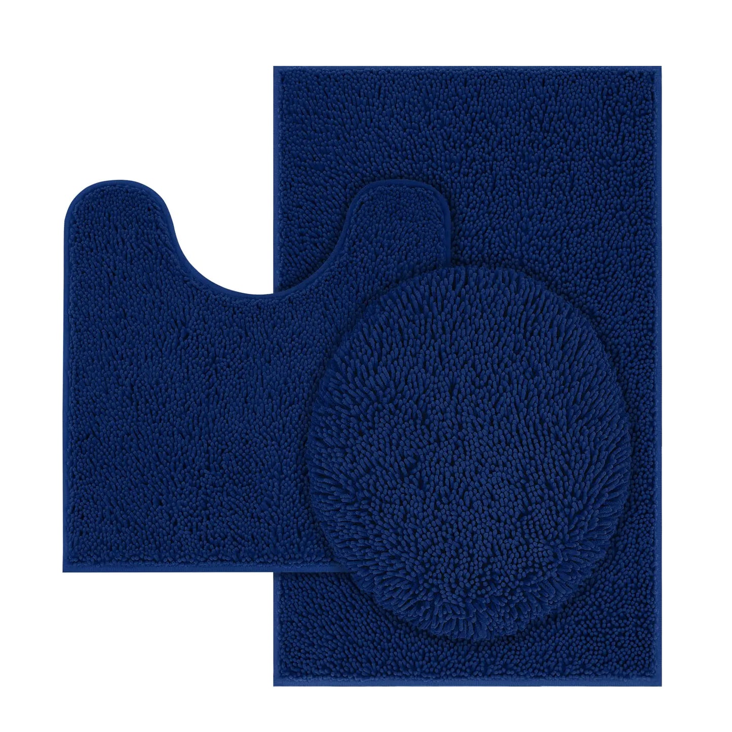 Dluxe Ave. TREETONE Chenille Bath Mat 3 Pieces Bathroom Rugs Set, 20x20 Inches U-Shape Contoured Toilet Mat & 20x32Inches Rug & Lid Cover,Soft, Water Absorbent Plush Rugs for Tub Shower & Bath Room -Navy Blue
