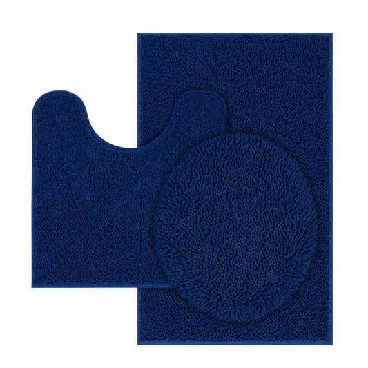 Dluxe Ave. TREETONE Chenille Bath Mat 3 Pieces Bathroom Rugs Set, 20x20 Inches U-Shape Contoured Toilet Mat & 20x32Inches Rug & Lid Cover,Soft, Water Absorbent Plush Rugs for Tub Shower & Bath Room -Navy Blue
