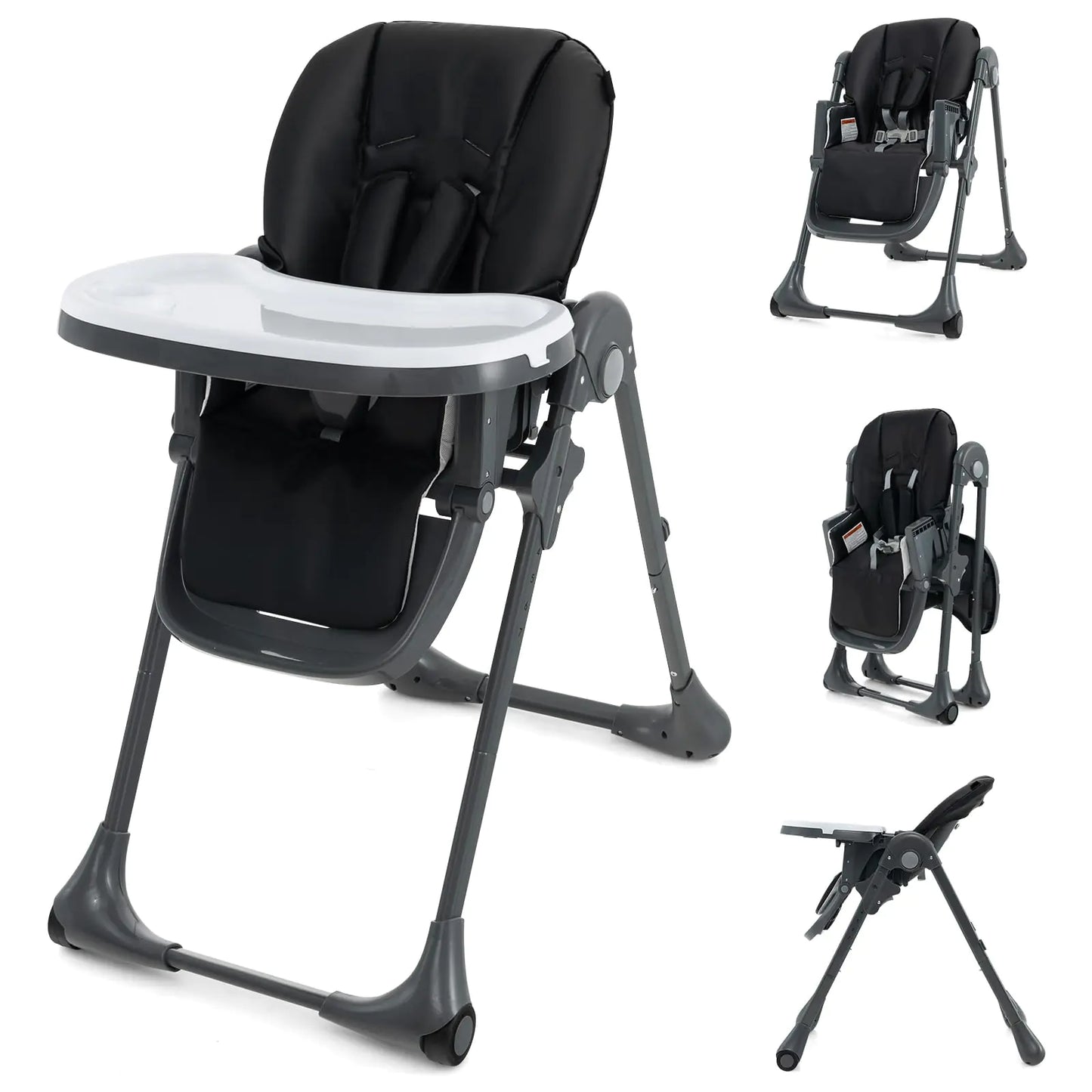 Dluxe Ave. HONEY JOY Baby High Chair Foldable Highchair for Babies and Toddlers Adjustable Heights Recline Backrest & Footrest Detachable Tray & PU Seat Portable Highchairs with Wheels (Black)