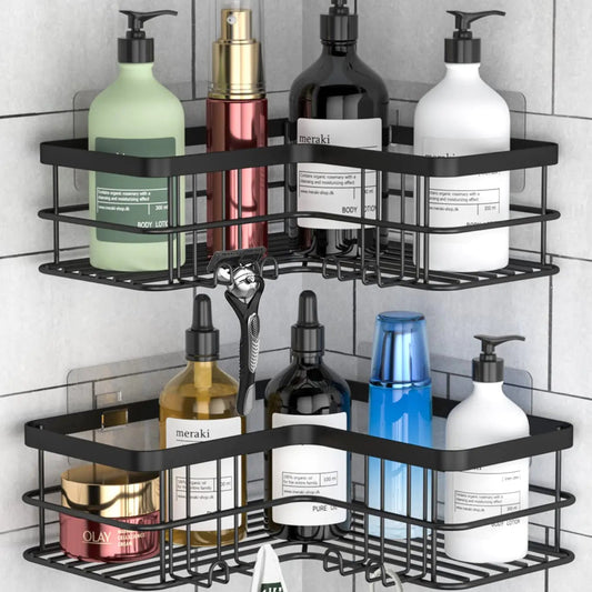 Dluxe Ave. Corner Shower Caddy Adhesive Shower Shelves, No Drilling, 2-Pack, Rustproof Stainless Steel, Shower Organizer, Wall Mounted with 8 Hooks (Black)