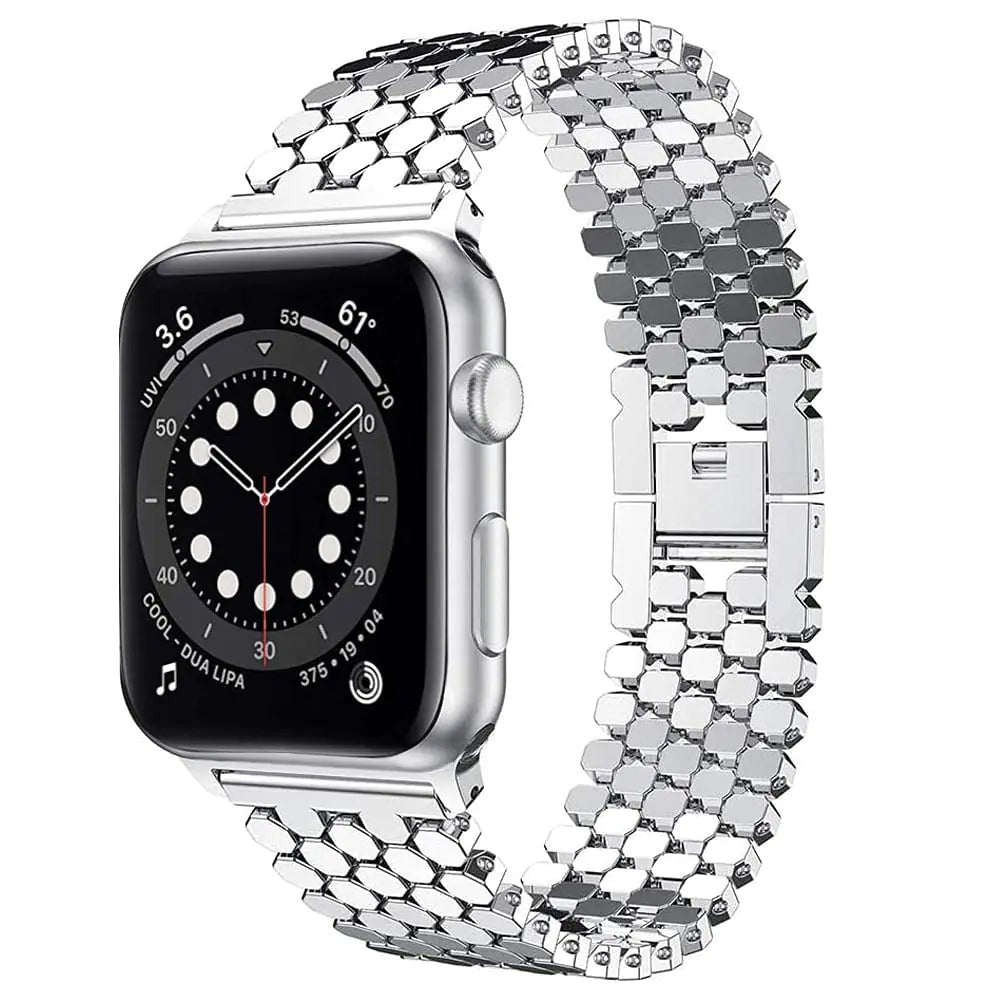 Dluxe Ave. Metal Band for Apple Watch Band 38mm 40mm 41mm 42mm 44mm 45mm 49mm Fish-scale Pattern Stainless Steel Link Bracelet Strap for Apple Watch Series 8 Ultra 7 6 SE 5 4 3 2 1 Silver 42MM 44MM 45MM 49MM