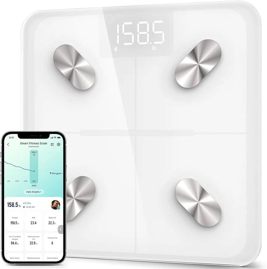 Dluxe Ave. Etekcity Smart Scale for Body Weight and Fat Percentage Digital Bathroom Accurate Weighing Machine for Peoples BMI Muscle Bluetooth Electronic Body Composition Monitor Syncs with App 400lb White