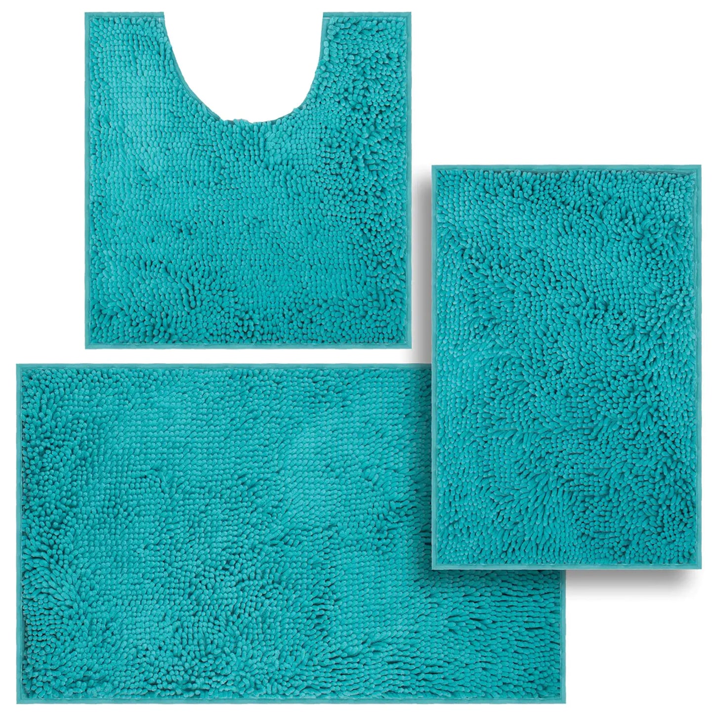 Dluxe Ave. 3 Pieces Bathroom Rugs Anti-Slip Chenille Bath Rug Super Absorbent Luxury Shaggy Bath Mats Set Perfect Plush Carpet for Tub Shower Bath RoomMachine Washable (Turquoise)