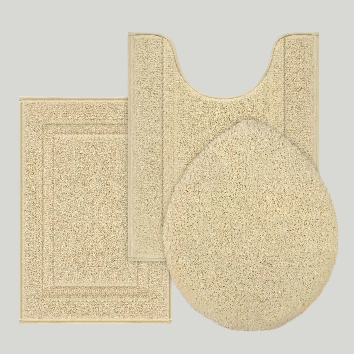 Dluxe Ave. Microfiber Bathroom Rug Set with Toilet Lid Cover/ Non Slip Washable Bath Mat (Beige)