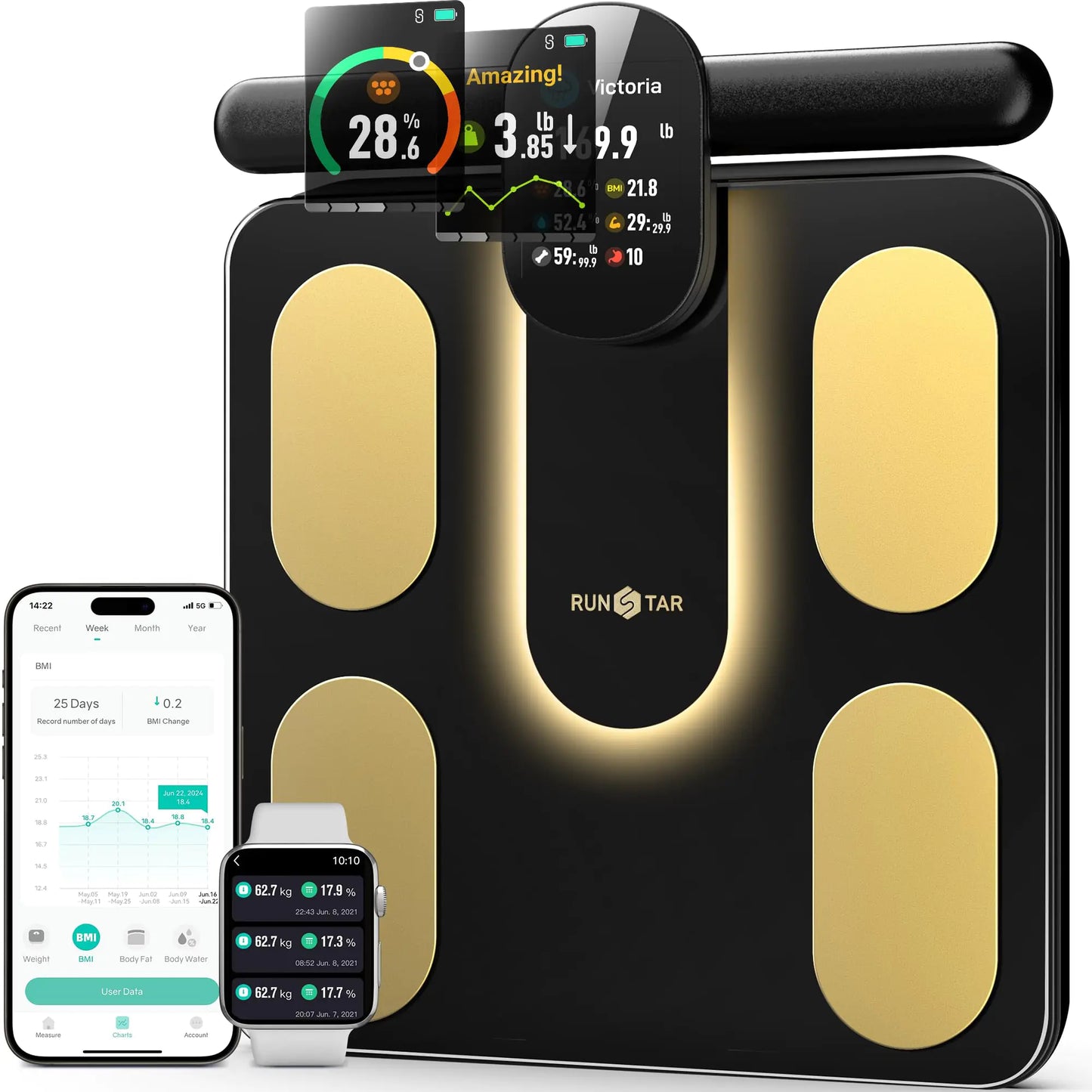 Dluxe Ave. Runstar Smart Scale FSA or HSA Eligible 8 Electrodes Digital Bathroom Scale for Body Weight and Fat BMI Muscle Mass 28 Body Composition Measurement with Full-Color TFT LCD on Retractable Handle