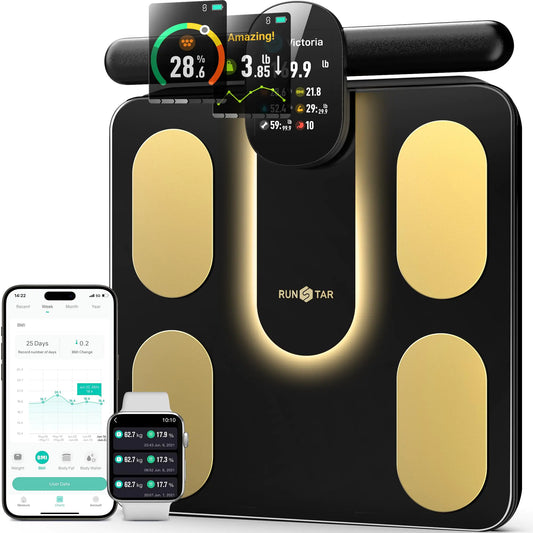 Dluxe Ave. Runstar Smart Scale FSA or HSA Eligible 8 Electrodes Digital Bathroom Scale for Body Weight and Fat BMI Muscle Mass 28 Body Composition Measurement with Full-Color TFT LCD on Retractable Handle