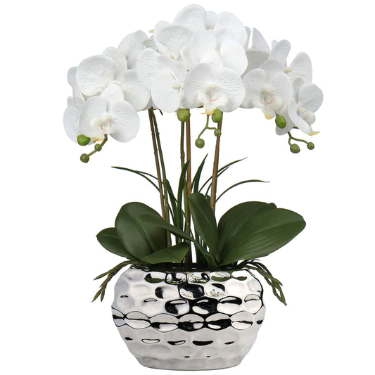 Dluxe Ave. 18" White Artificial Large Orchid with Silver Ceramic Pots