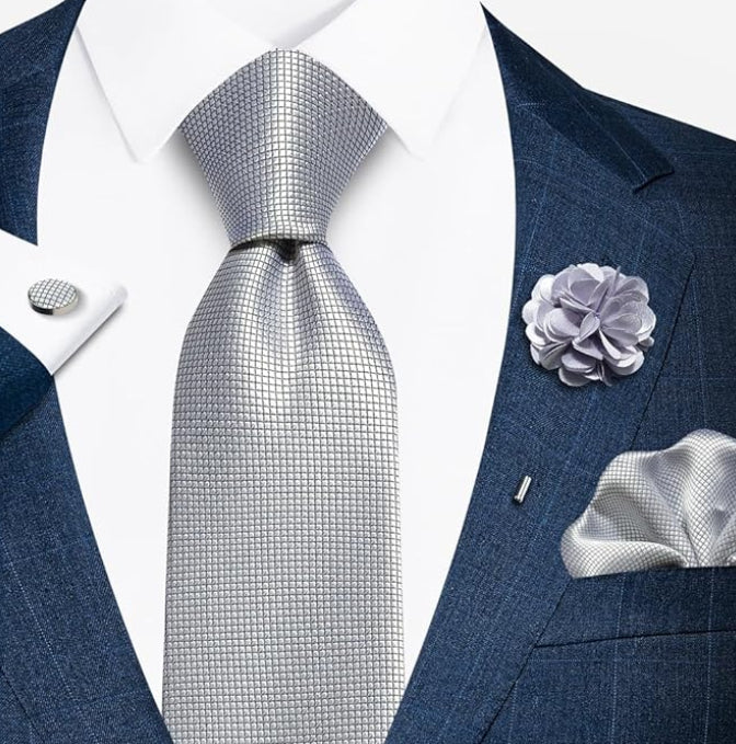 Dluxe Ave. Solid Color Ties Set Men Handkerchief Cufflinks Brooch 3.15 inches Classic Formal Necktie Pocket Square Set (Sliver)