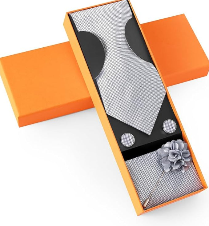 Dluxe Ave. Solid Color Ties Set Men Handkerchief Cufflinks Brooch 3.15 inches Classic Formal Necktie Pocket Square Set (Sliver)