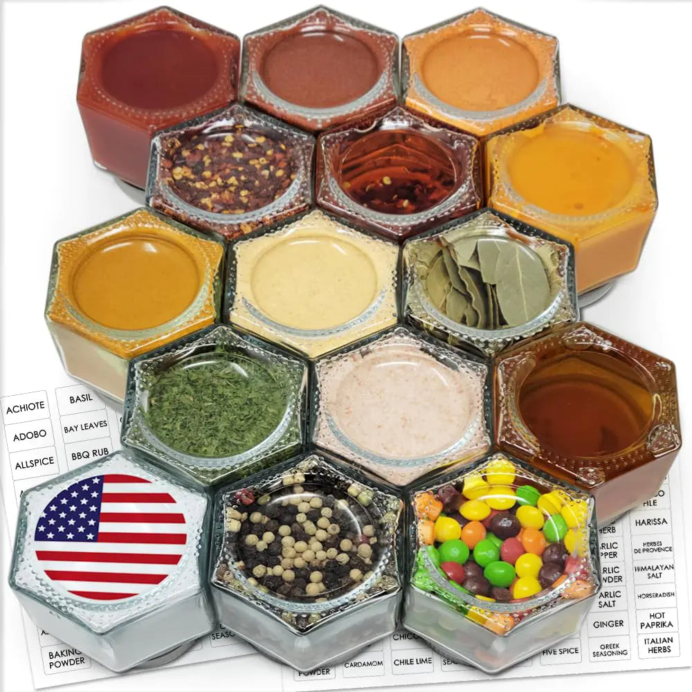 Dluxe Ave. 15 Set Magnetic Spice Jars with lids/ Large 4 oz/ / Hexagon Glass