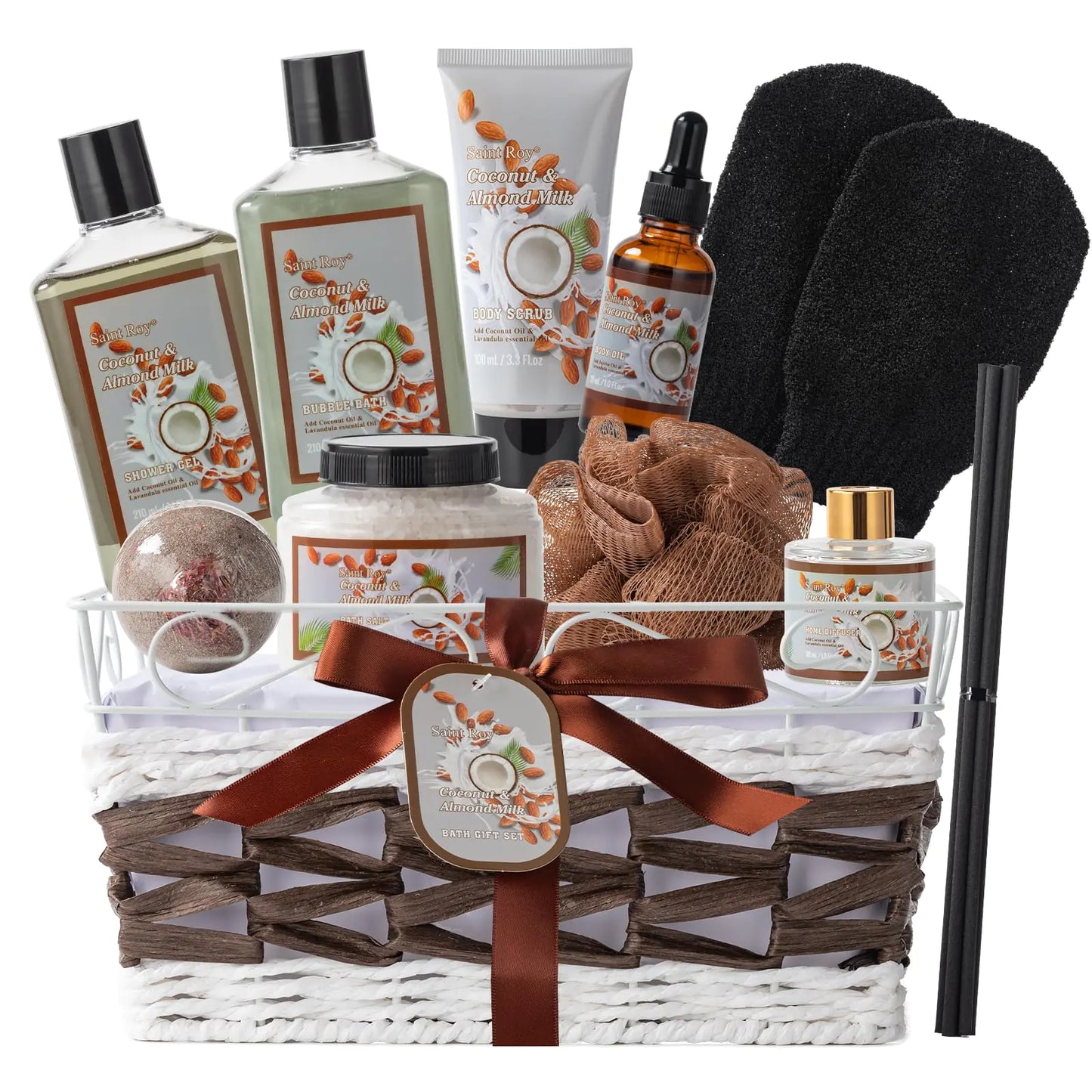 Dluxe Ave. Bath and Body Gift Basket For Women and Men Spa Gift Basket Coconut Almond 16 Pcs Bath Scents for Spa Luxurious Bath Body Oil Diffuser & More