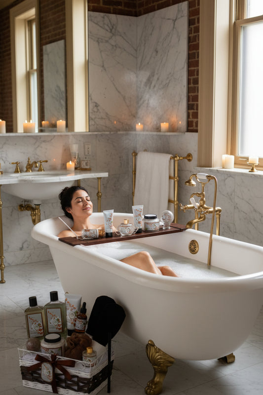 Dluxe Ave. Bath and Body Gift Basket For Women and Men /Luxurious Bath Body Oil Diffuser & More