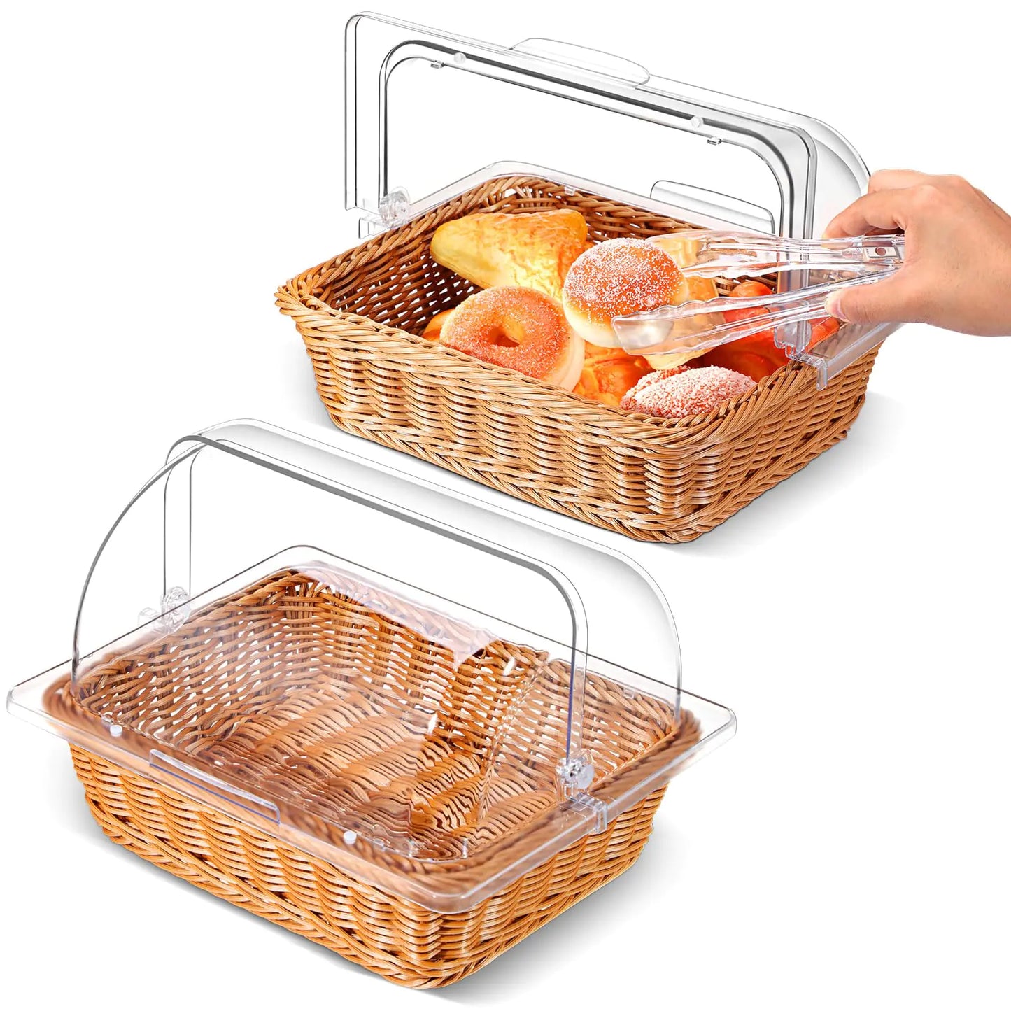 Dluxe Ave. 2 Sets Bread Baskets with Acrylic Lids and Kitchen Serving Tongs (13.78 x 10.63 Inch)