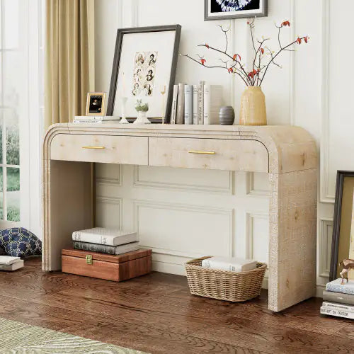 Dluxe Ave. Unique Retro Silhouette Entryway Table With Open Design And Two Top Drawers For Entrance, Dining Room, Living Room