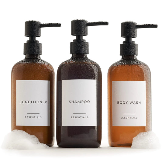 Dluxe Ave. Stylish Shampoo and Conditioner Dispenser Set of 3 - Modern 21oz Shower Soap PET Bottles with Pump and Labels - Easy to Refill Body Wash Dispensers for an Instant Bathroom Decor Upgrade