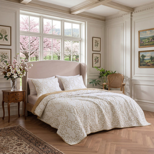 Dluxe Ave. (QUEEN) 3Pcs. Embroidery Pattern Elegant Set/ Beige