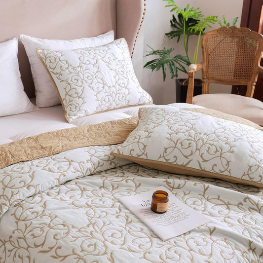 Dluxe Ave. mixinni Reversible Soft Quilts 3-Piece Beige Embroidery Pattern Elegant Set with Embroidered Decorative Shams Soft Bedspread&Coverlet Set (Queen Size Beige)
