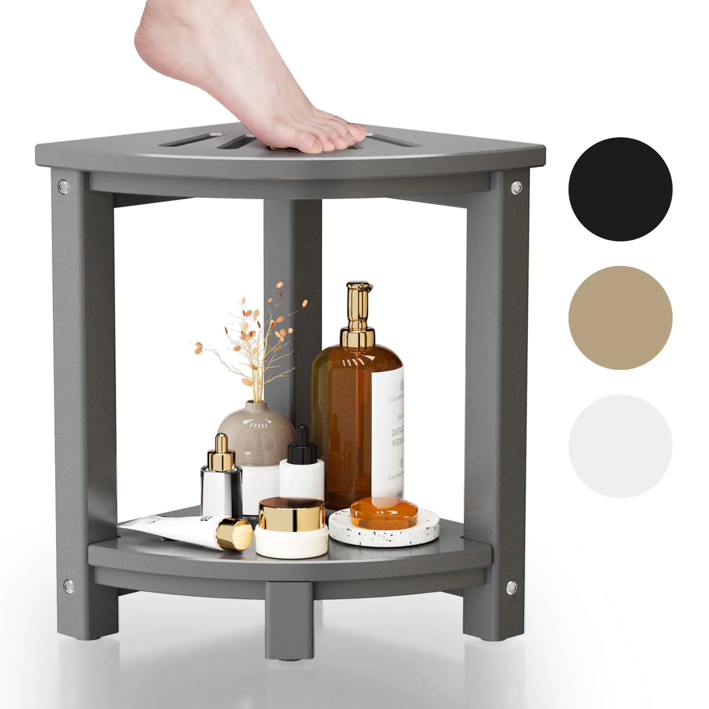 Dluxe Ave. Corner Shower Stool for Inside Shower HDPE Waterproof Shower Bench Seat Sturdy  Storage Shelf Grey