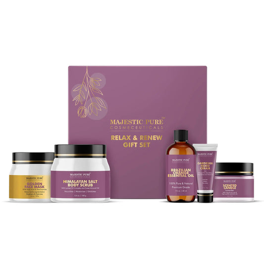 Dluxe Ave.  Scented Candles / Golden Face Mask/ Himalayan Salt Body Scrub/ Gardenia Hand Cream/ Brazilian Orange Essential Oil - Pack of 5