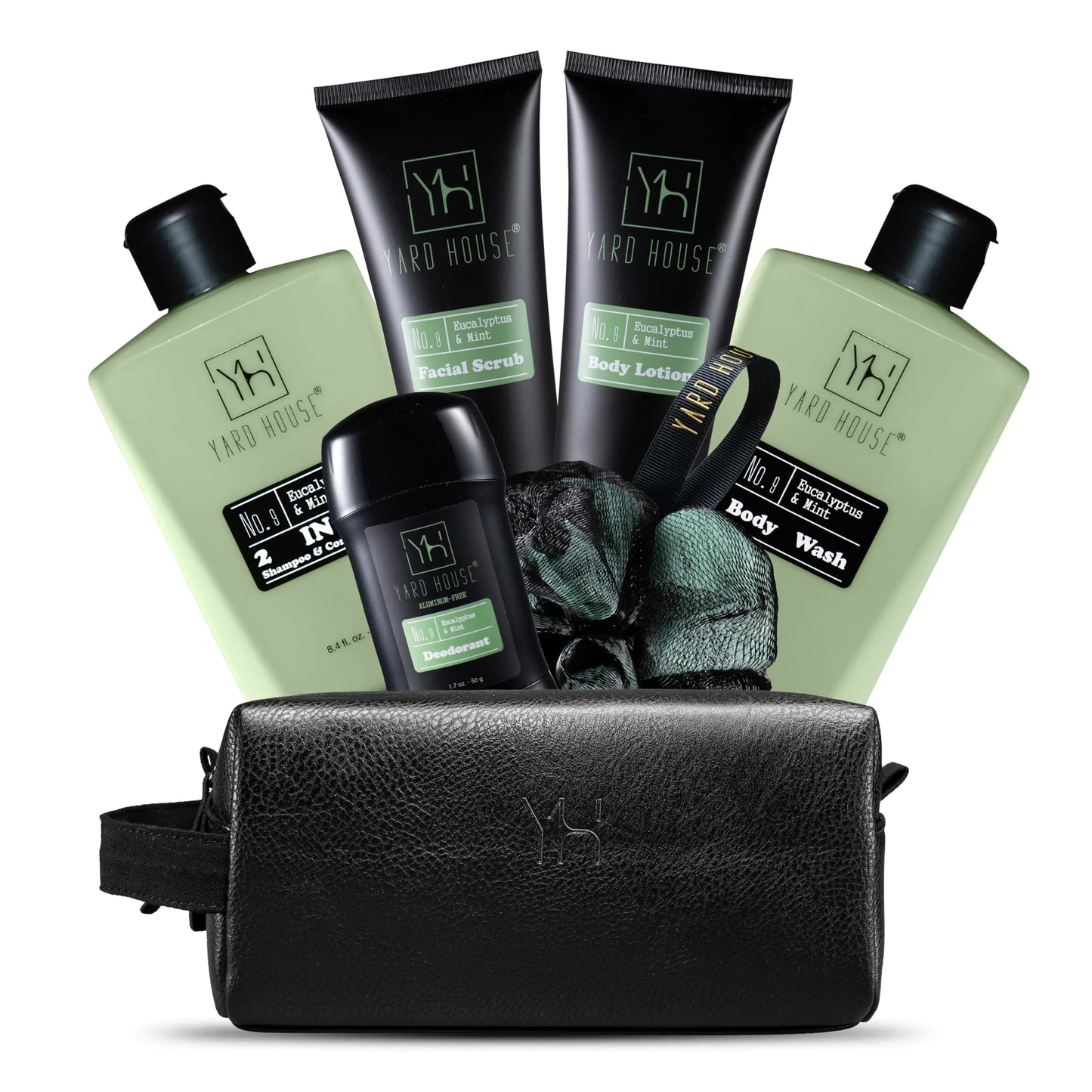 Dluxe Ave. Yard House Mens Luxury Bath and Body Gift Set For Him - Skin Care Kit in Eucalyptus and Mint - Fathers Day Birthday Christmas Gifts Ideas For Men - 7Pcs Set w. Full Size Items in Leather Toiletry Bag