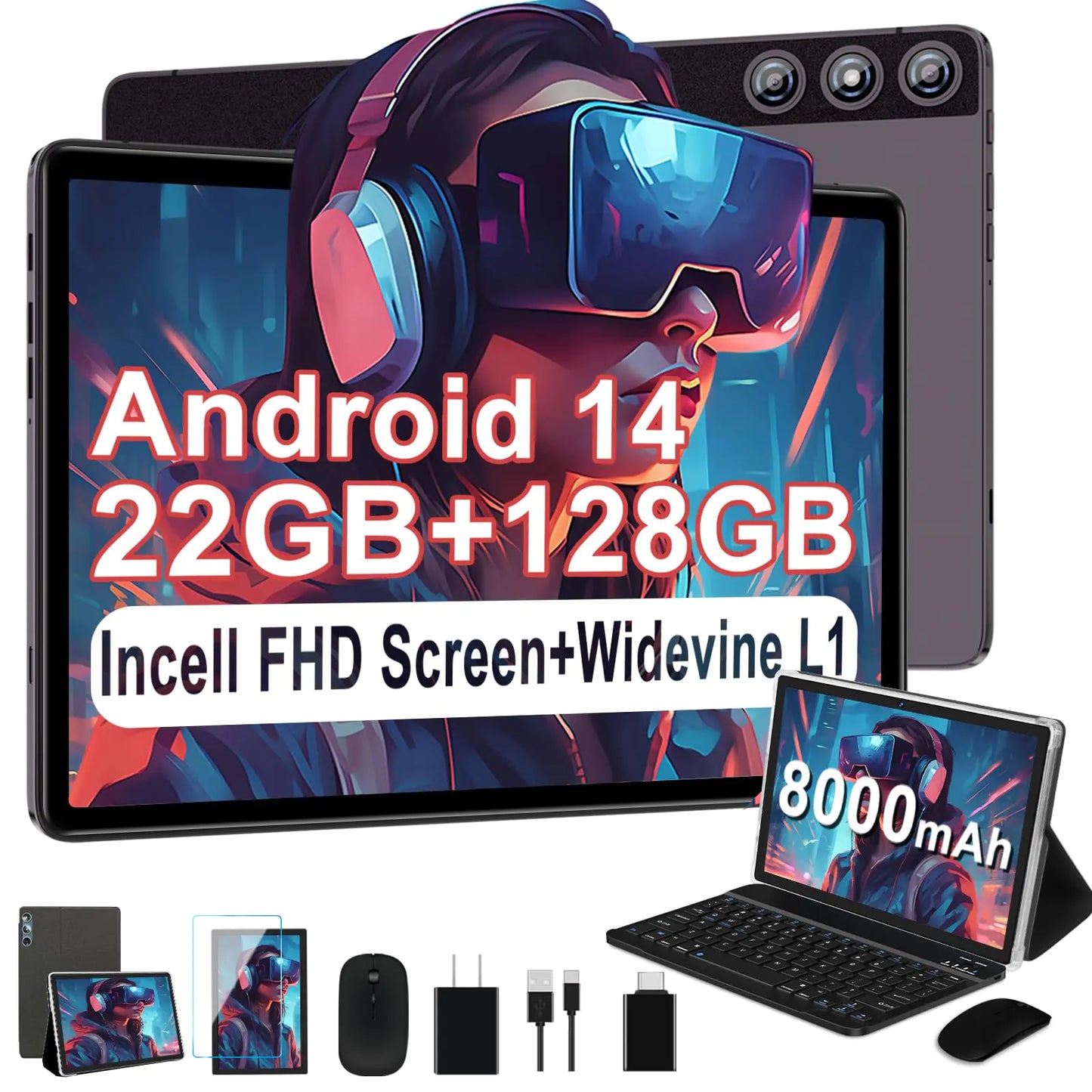 Dluxe Ave. DMOAO Tablet Android Tablet 2024 Tablets with 22GB RAM+128GB ROM/ 1TB Expand 8000mAh Battery Octa-Core 2.0GHz CPU 5G WiFi GPS 10.1 Inch FHD IPS 2 in 1 Tablet PC with Keyboard/Mouse-Gray