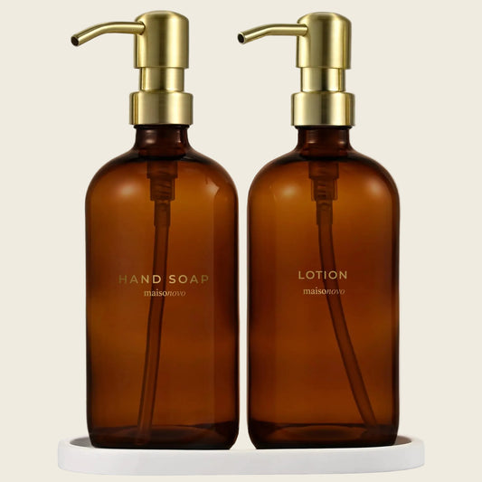 Out of Stock Dluxe Ave. Amber Bottles with Gold Stainless with Steel Pumps/ 16.9oz/  Set of 2 with Oval Concrete Tray