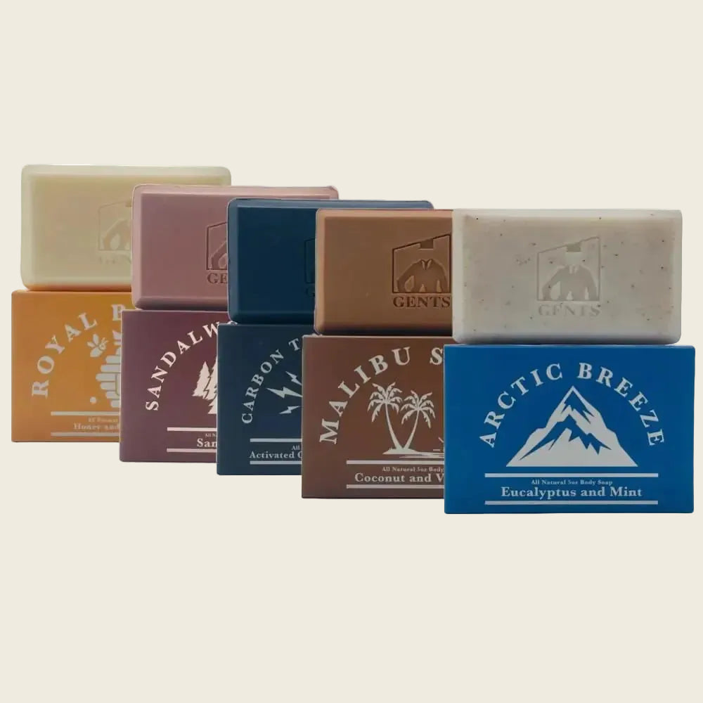 Dluxe Ave. Gents Variety Mens Body Soaps - Moisturizing Bar Soap for Men Smell Fresh and Clean Washing Hands & Body All Skin Types for Bath and Shower (Arctic CarbonBeehive Malibu Sunset Sandalwood)