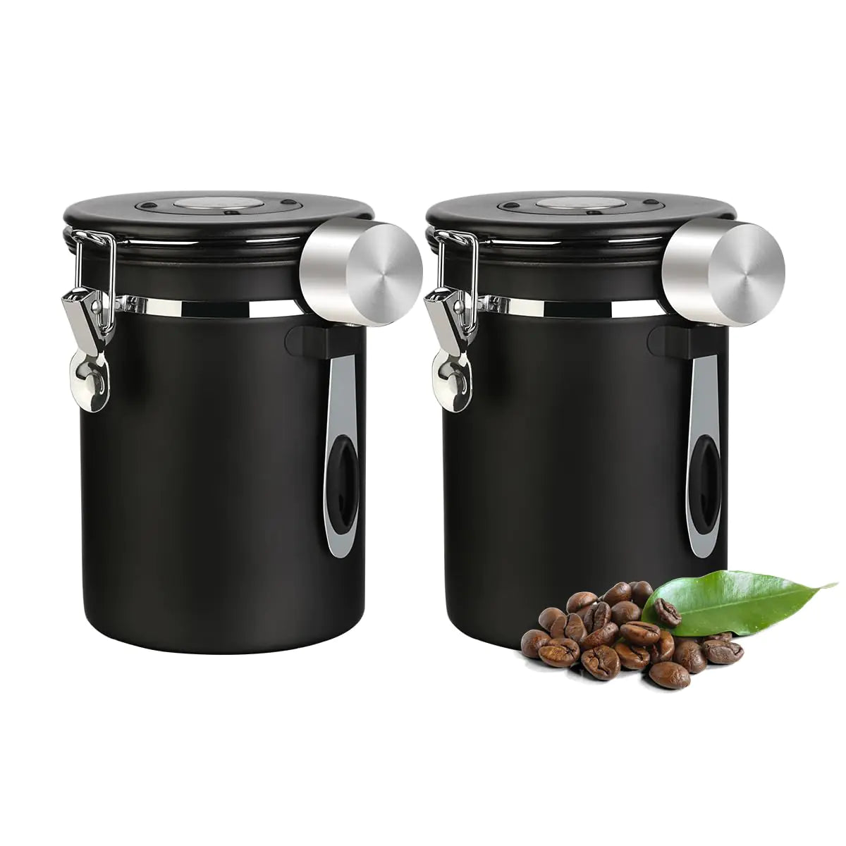 Dluxe Ave. Coffee Canister Airtight Coffee Storage Container Stainless Steel Air Tight Coffee Jar with Scoop(2pcs-Black-1.8L)