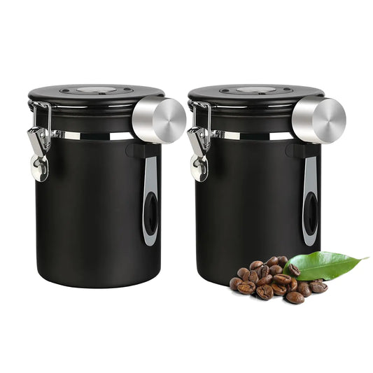 Dluxe Ave. Coffee Canister Airtight Coffee Storage Container Stainless Steel Air Tight Coffee Jar with Scoop(2pcs-Black-1.8L)