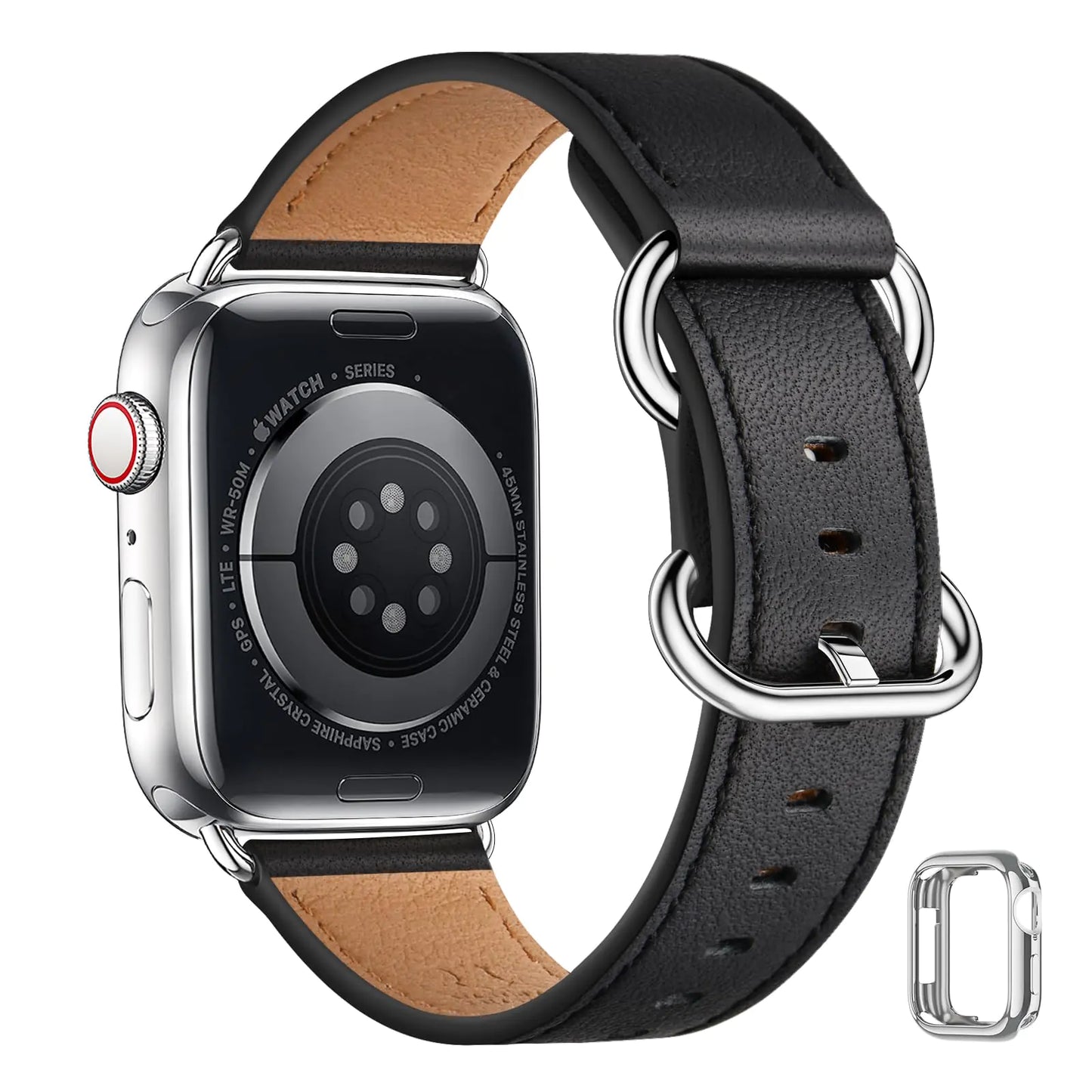 Dluxe Ave. WFEAGL Compatible for Leather Apple Watch Band 42mm 44mm 45mm Women Genuine Leather Replacement Strap Wristband for iWatch Band Apple Watch SE Series 9 8 7 6 5 4 3 2 1(Black/Silver)