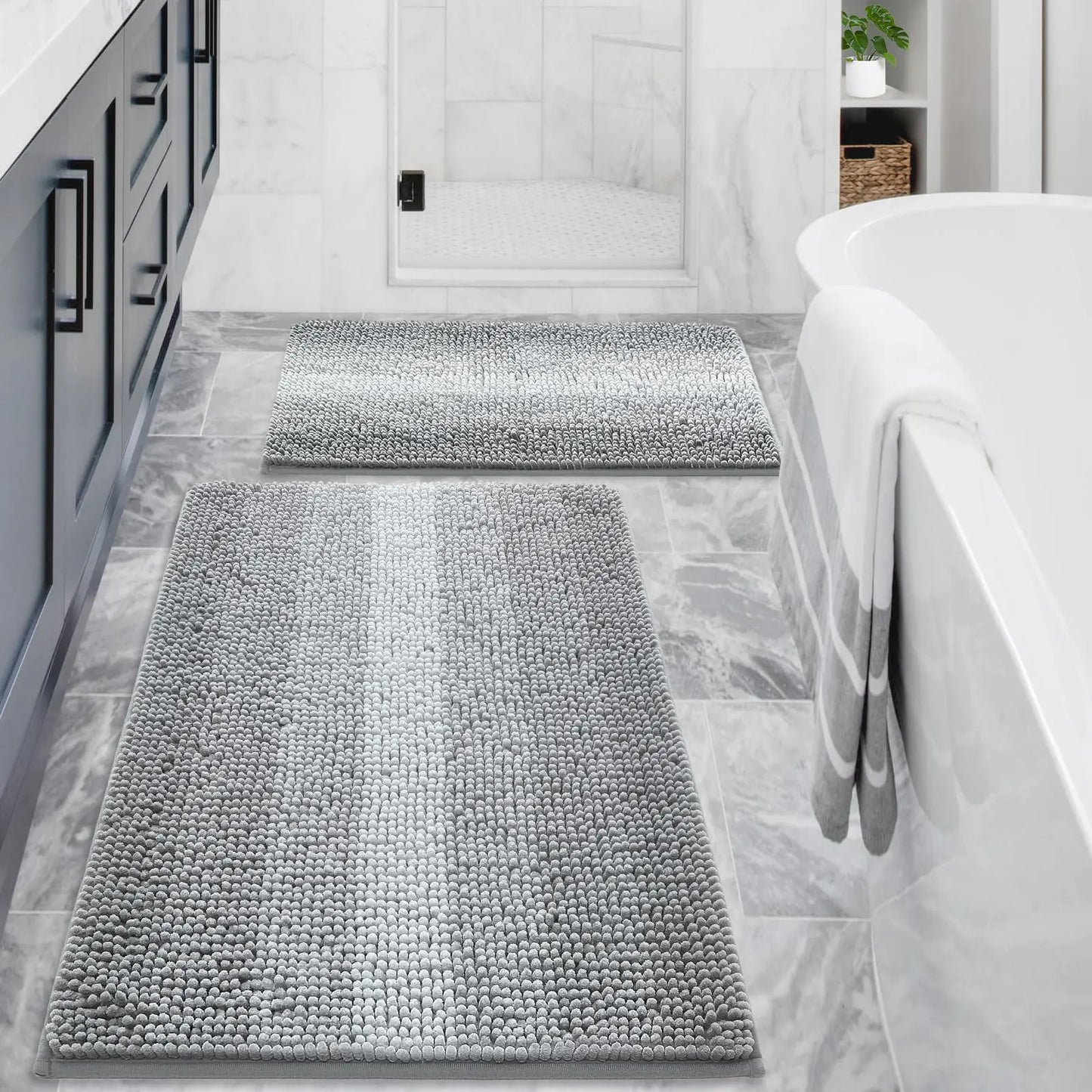 Dluxe Ave. Grey Bathroom Rug Set 2 Piece,Chenille Non Slip, Accessories for Tub 16" x 24"/ 20" x 32"