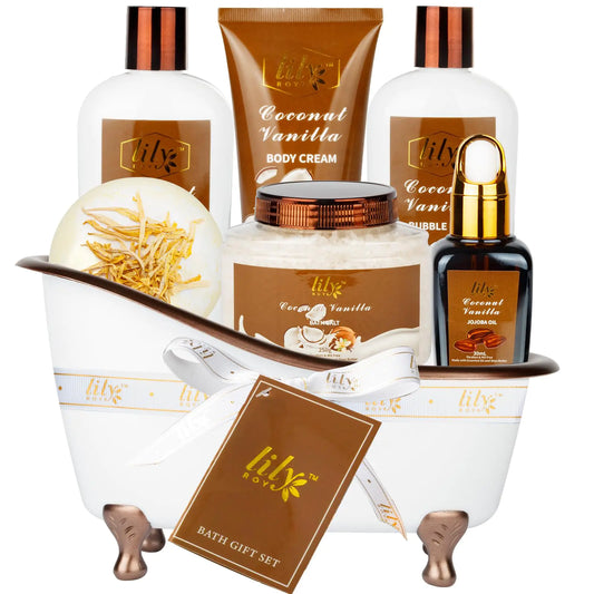 Dluxe Ave. Spa Gift Tub Set Bath and Body Gift Sets Gifts Coconut Vanilla Mom Birthday Gifts Spa Bath Gifts for Men Spa Kit Perfume Self Skin Care for Fathers Mothers Day