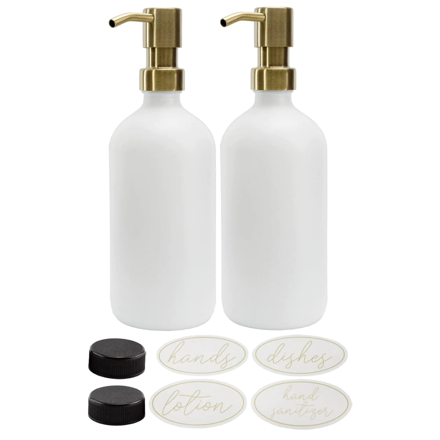 Dluxe Ave. Glass Pump Bottles with Brushed Metal Pump Tops/ 16oz  Set of 2 (White & Gold)