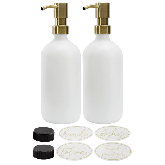 Dluxe Ave. Glass Pump Bottles with Brushed Metal Pump Tops/ 16oz  Set of 2 (White & Gold)