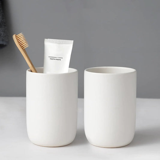 Dluxe Ave. Toothbrush Holders for Bathrooms - 2 Cups Ceramic Toothbrush Toothpaste Holders Set White Bathroom Tumbler Cups Reusable Toothbrush Mouthwash Cup Bathroom Counter Organizer.