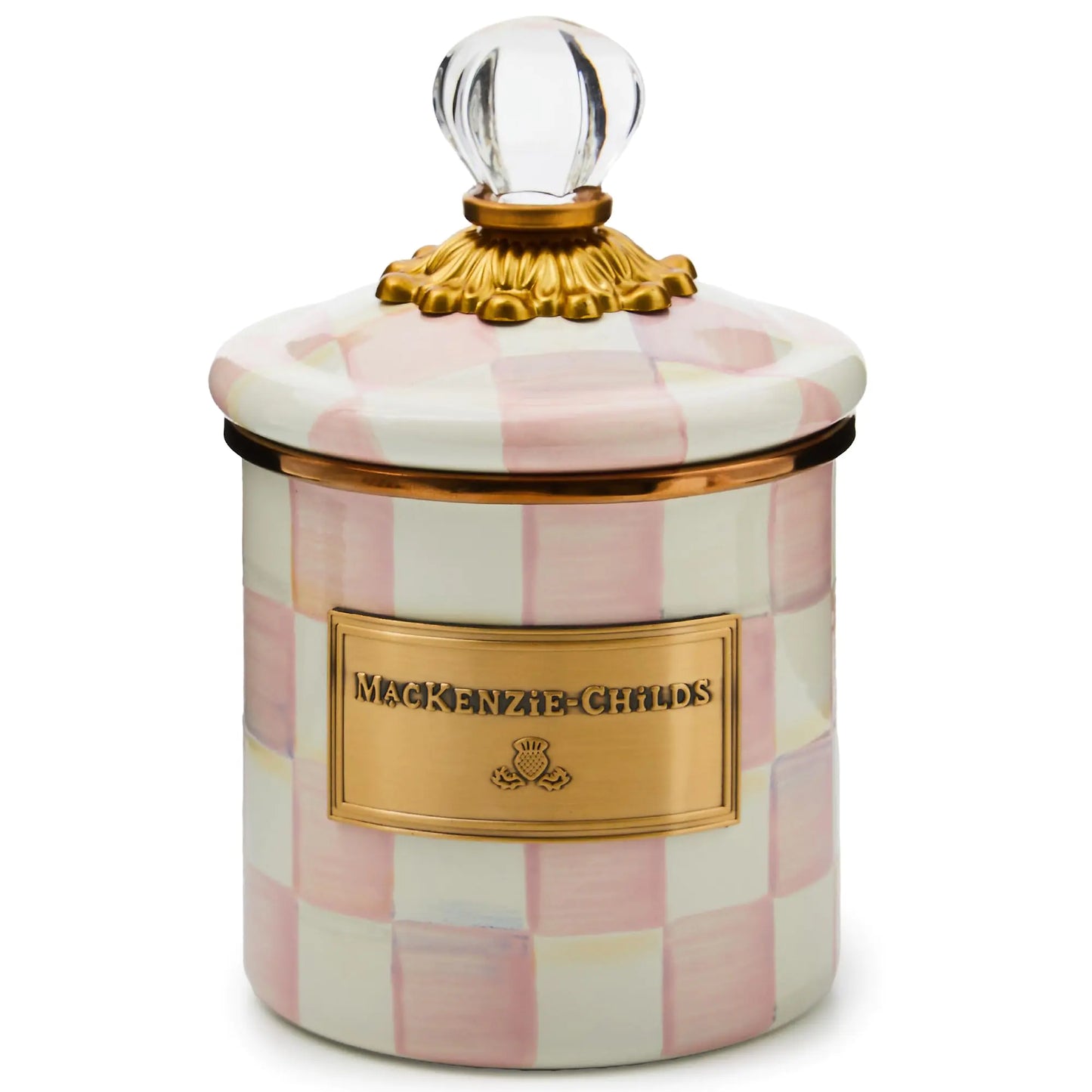 Dluxe Ave. MACKENZIE-CHILDS Rosy Check Enamel Canister Pink-and-White Kitchen Storage Container with Lid Demi