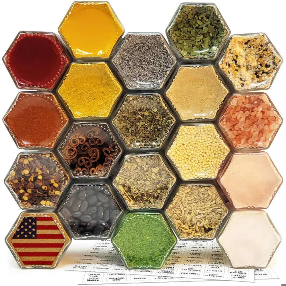Dluxe Ave. 20 Set Magnetic Spice Jars / Hexagon Glass Spice Jars with Magnetic Lids