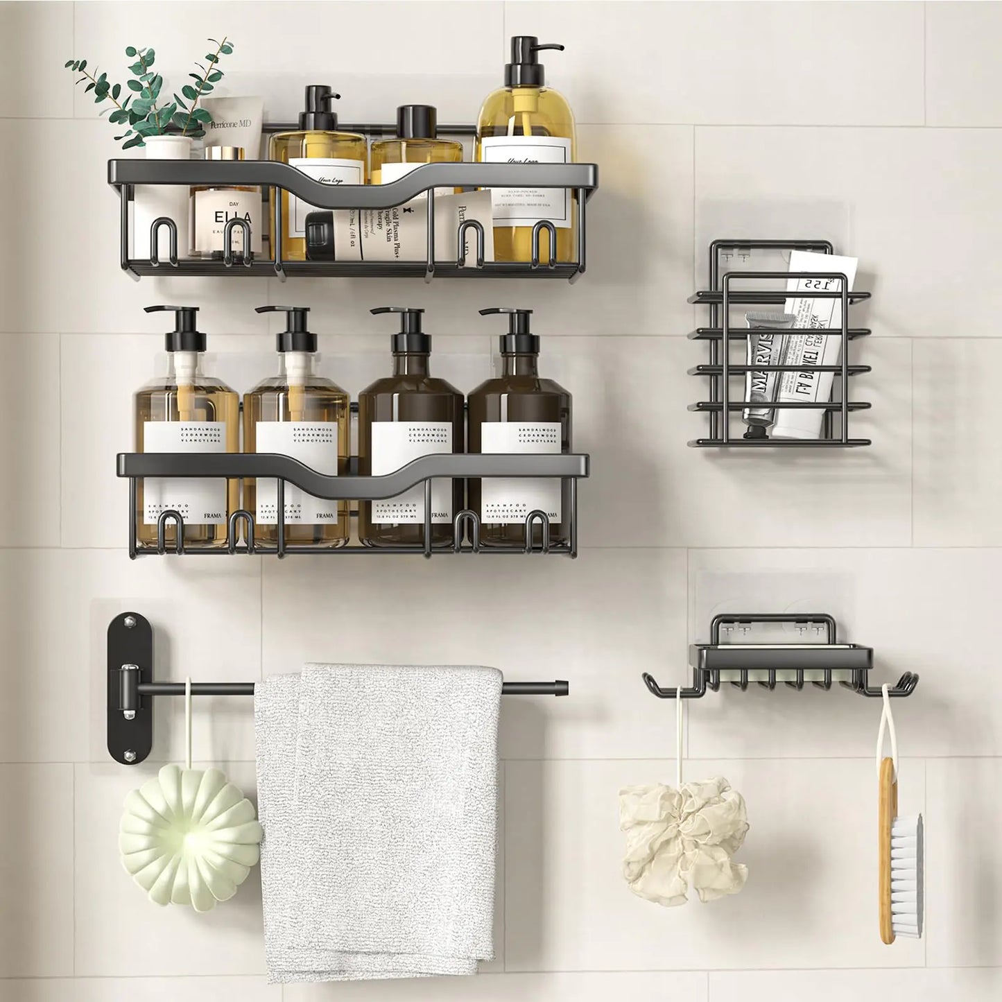 Dluxe Ave. Shower Caddy Adhesive, 5 Pack Rustproof Stainless Steel, 12 Hooks, Large Capacity No Drilling Shelves