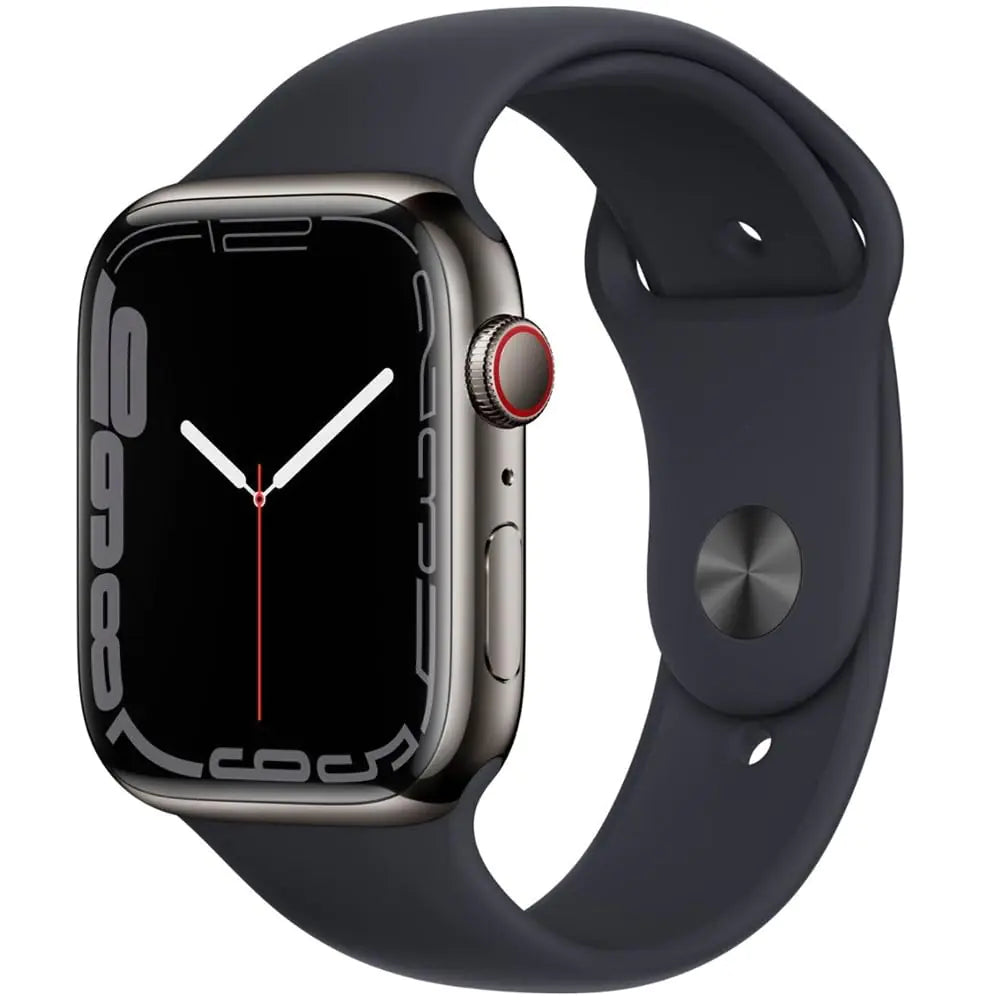Dluxe Ave. Apple Watch Series 7 [GPS + Cellular 41mm] Graphite Stainless Steel Case with Midnight Sport Band (Renewed)