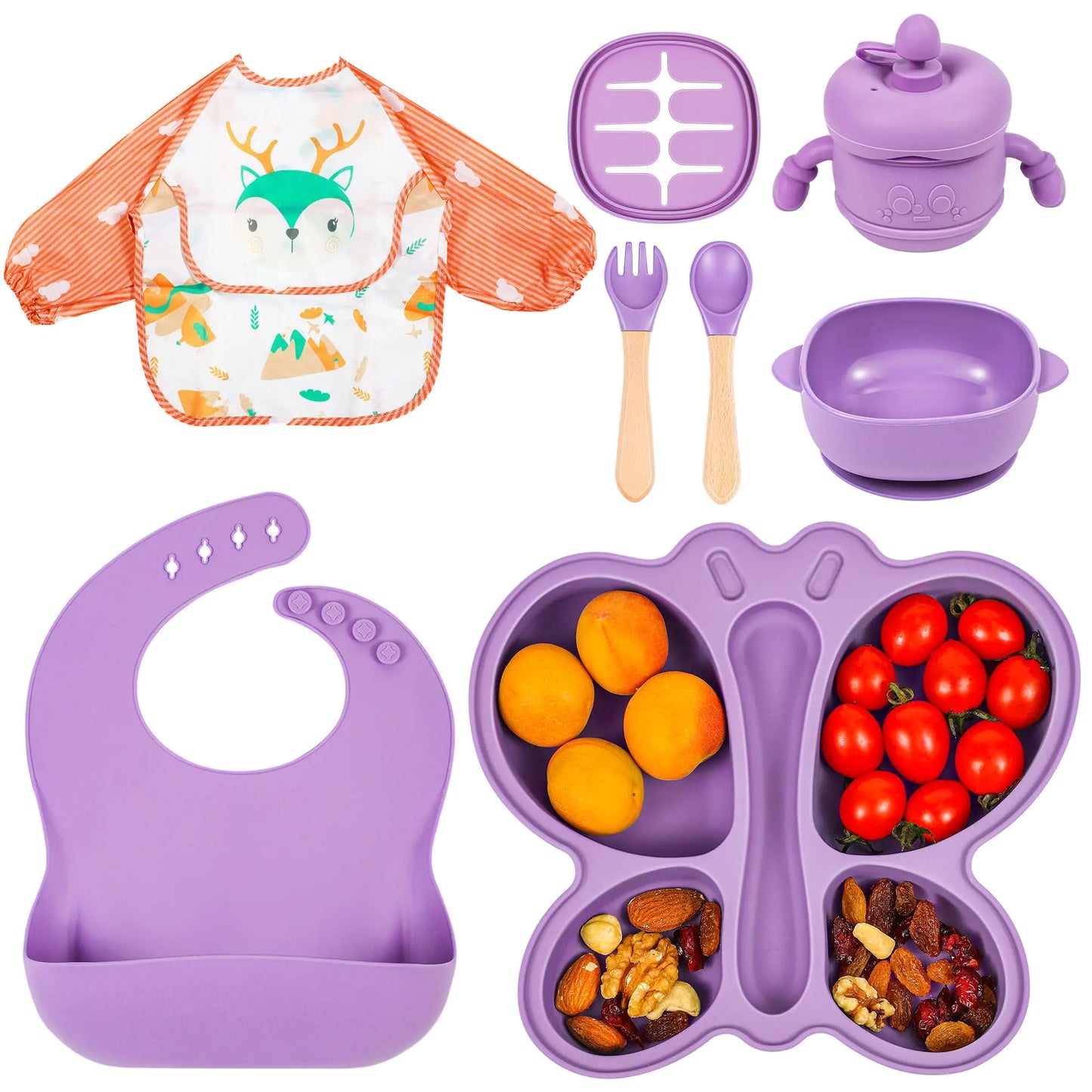 Dluxe Ave. Silicone Baby Feeding Set Baby Led Weaning Supplies Silicone Suction Butterfly Plate Bowl Spoons Fork and Waterproof Bib & Cloth Bib Eating Utensils Baby Feeding Essentials (Purple)