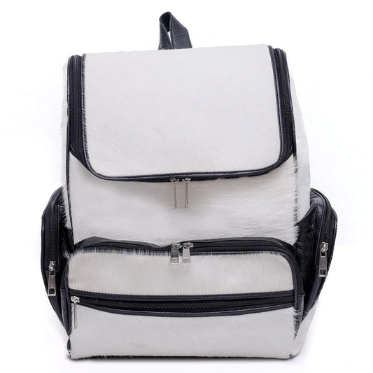 Dluxe Ave. CHAYELL Cowhide Backpack Genuine Leather Backpack with Laptop Compartment - Womens Cowhide Hair On Backpack –Travel Backpack Diaper Bag Backpack Women (White)