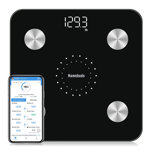 Dluxe Ave. Homebuds Digital Bathroom Scale for Body Weight and Body Fat Weighing Professional Since 2001 Body Composition Monitor Professional for BMI Fat Water Muscle with App 400lb Black
