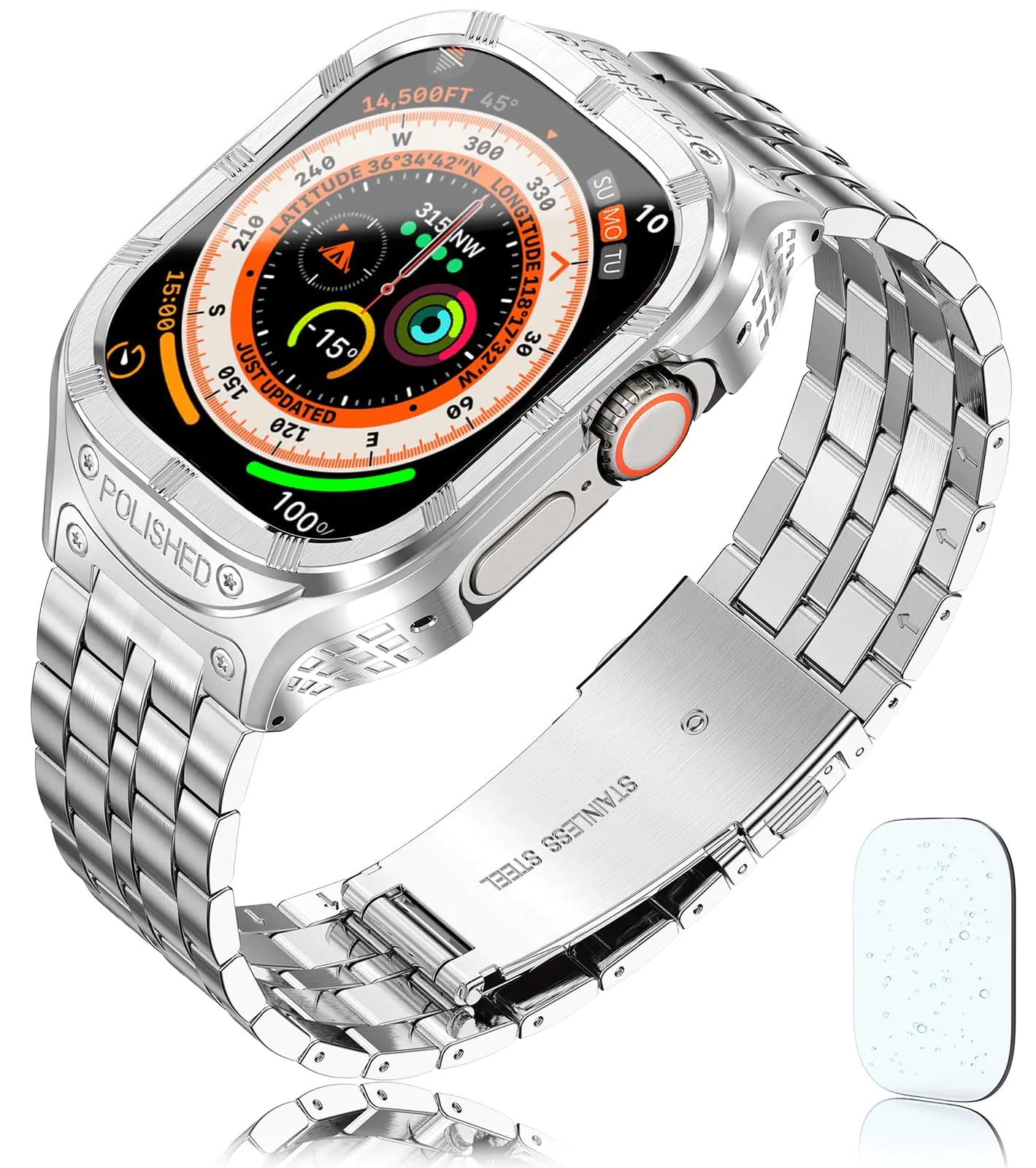 Dluxe Ave. San Jeirie Stainless Steel Case and Band Compatible for Apple Watch Ultra/Ultra 2 Band 49mmRugged Apple Watch Ultra 1/2 Case with Metal iWatch Ultra Strap for Men (5-Silver 49mm (Ultra 1/2))