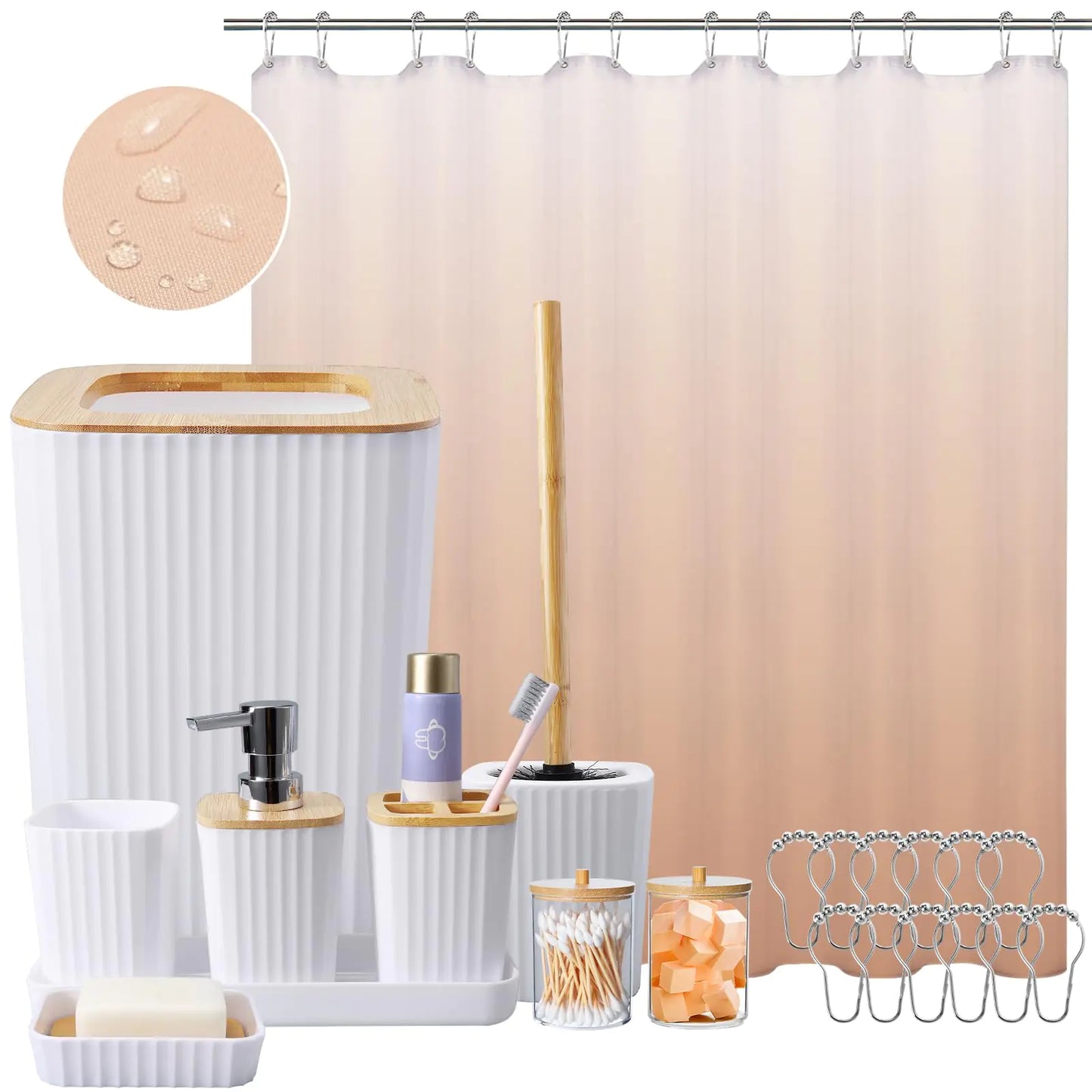 Dluxe Ave. XLHOMO White Bathroom Set with Shower Curtain Beige Ombre Waterproof Shower Curtain with Stainless Steel Hooks