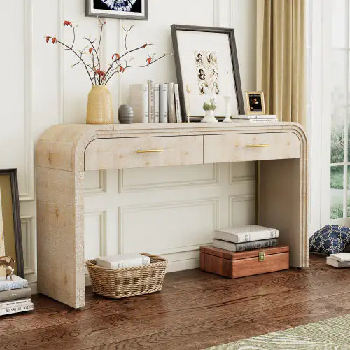 Dluxe Ave. Unique Retro Silhouette Entryway Table With Open Design And Two Top Drawers For Entrance, Dining Room, Living Room