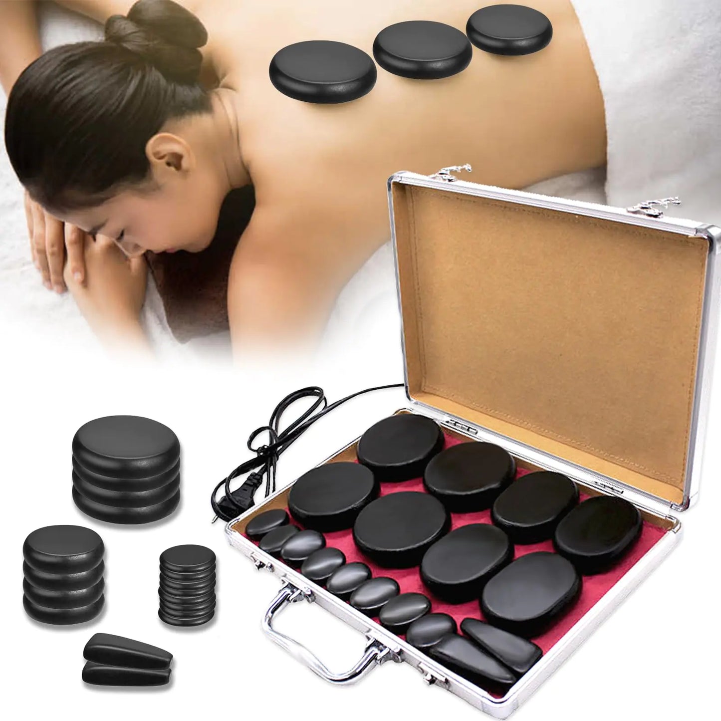 Dluxe Ave. shidarno Hot Stones Massage Set 18 Pcs Basalt Hot Stones with Heater Kit Massage Stones for Professional or Home spa Relaxing Healing Pain Relief